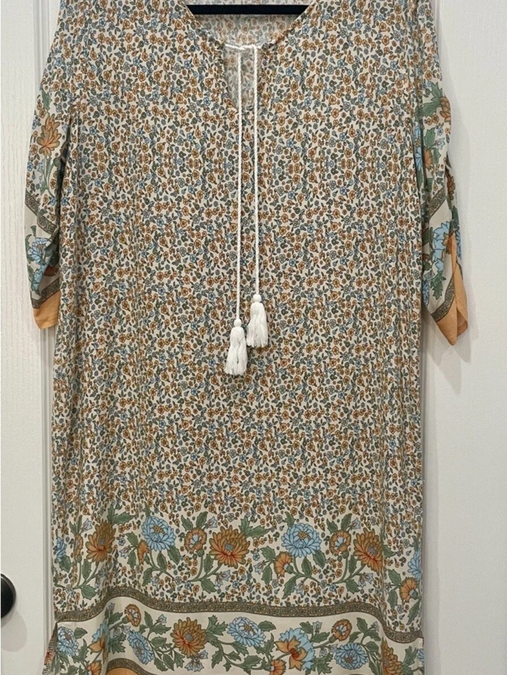 HALIFE Boho Tunic Dress With Tassel Tie Neck Cream And Orange Floral Size Large